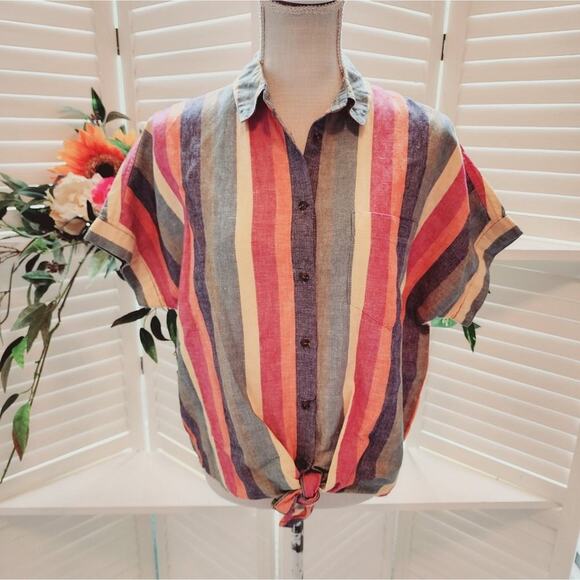MADEWELL MULTI COLOR STRIPE SHIRT WITH TIE FRONT SIZE SMALL - Picture 1 of 6